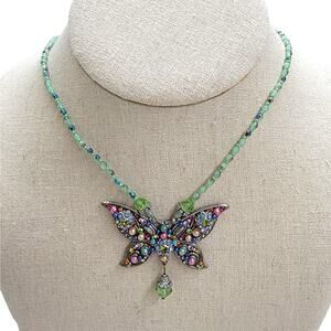 FAITH Butterfly Pendant Necklace Green Beaded Chain Multicolor Rhinestone Y2K